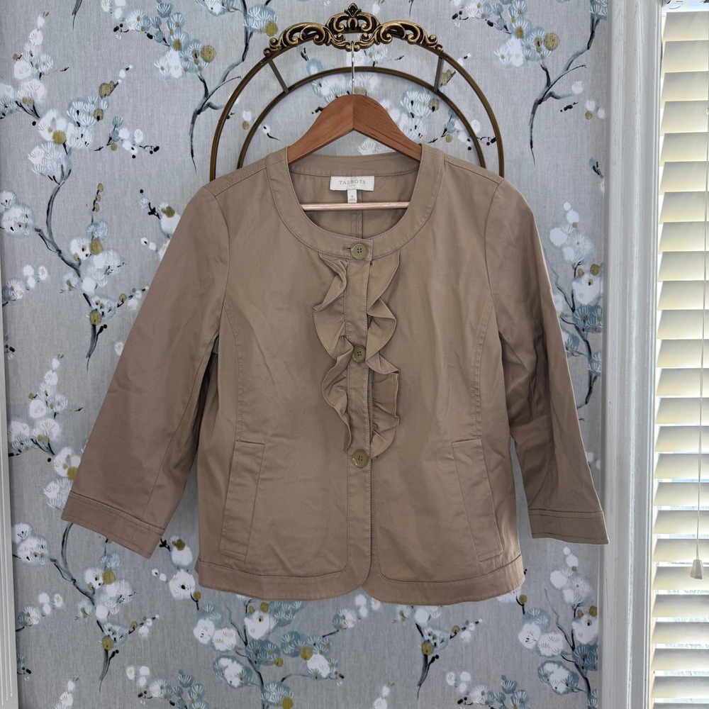 Talbots Womens Khaki Tan Ruffle Front Button Jacket 3/4 Sleeve Cotton Blend‎ 8